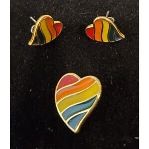 Rainbow Striped Heart Pierced Earrings And Pendant Set